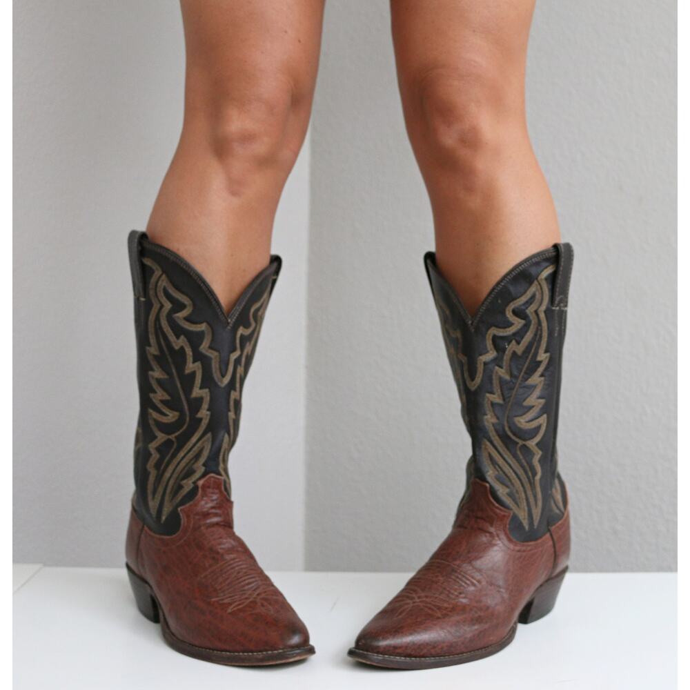 1980's Vintage Justin USA Made Brown Two Tone Cowboy Boots ~ Men's 8-1/2 to 9